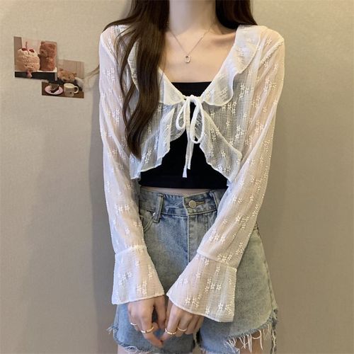 Summer new style ruffled lace sun protection cardigan feminine holiday style small shawl blouse thin jacket
