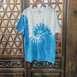 春夏新套头园领木扣短袖植物草木染蓝染扎染T恤云南男款手工扎染