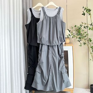 2025 plus size Summer New Korean Fashion 100.00kg Fat Sister Contrast Color Fold Dress Two-piece 7093