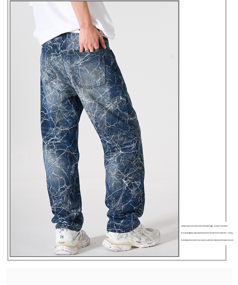 Men's Loose Straight Leg Jeans High Street Lightning Print Retro Cool Wide Leg Trousers For Spring Autumn_mkmklike.com