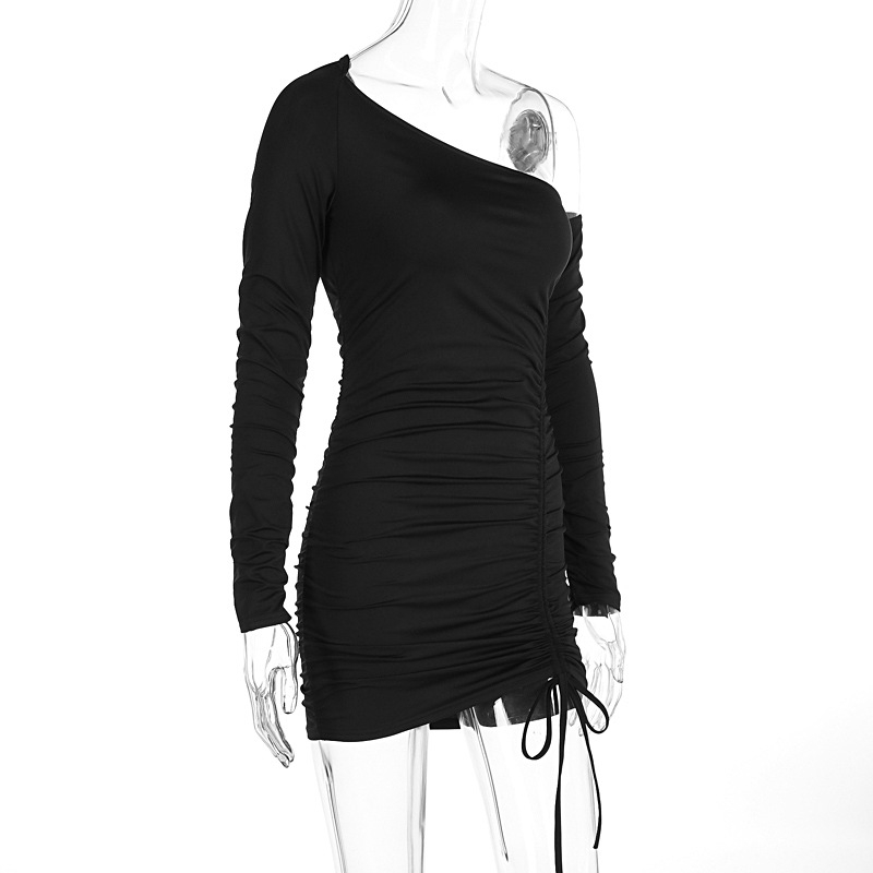 Women Clothing Autumn Winter Long Sleeve Diagonal Collar Slim Ruffle Hip Dress