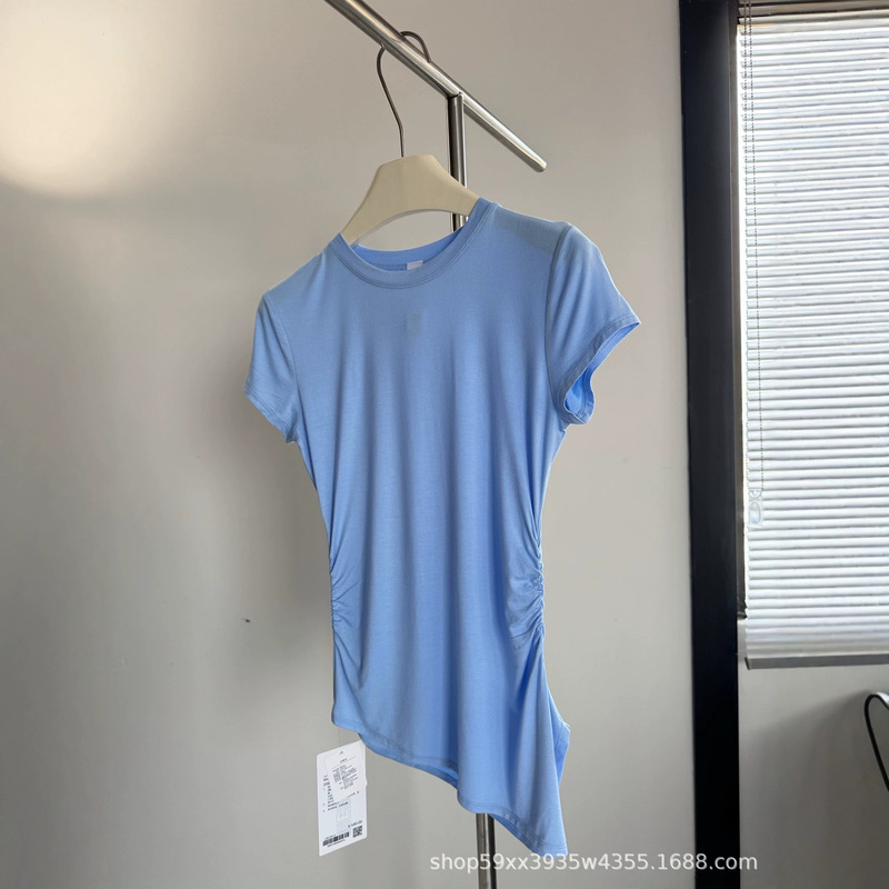Lulu-Style Summer Women's Short-Sleeve T-Shirt with Flutter Sleeves, Waist-Cinching, Irregular Yoga Top, Lightweight, Breathable, and Highly Stretchy