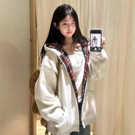 学生灰色格子连帽卫衣女款加绒加厚小众设计感闺蜜情侣装拉链外套