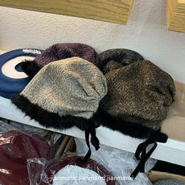 法式斗篷混线针织毛线帽秋冬毛领绑带保暖针织帽宽松设计修脸型女