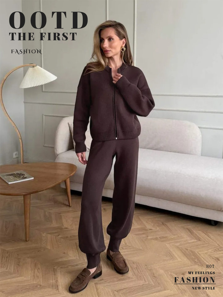 Bộ áo cardigan dệt kim khóa kéo dài tay phối quần ống rộng cho nữ — Màu nâu, Màu trắng, Màu xanh dương chi tiết 1
