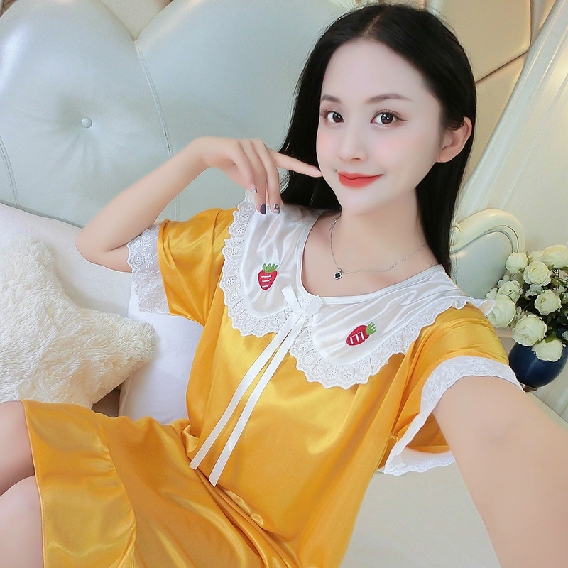 2024 pijama de verano delgado seda de hielo mediano largo de manga corta pijama de seda de simulación princesa muñeca de viento cuello ropa para el hogar