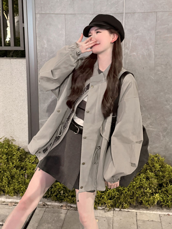 韩系高级感抽绳立领风衣外套女春秋季2025新款小个子夹克短款上衣|undefined