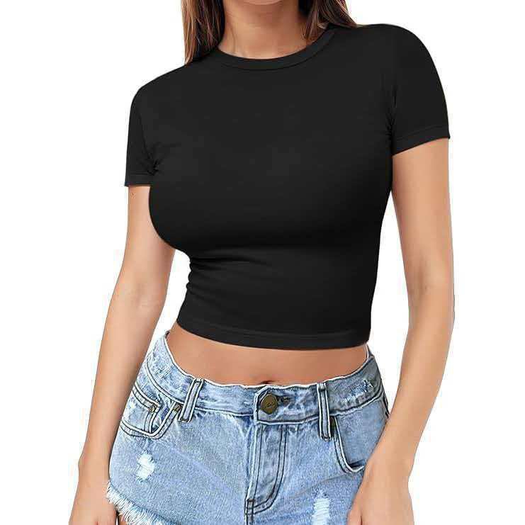 Diseño de camiseta de umbilical delgada transfronteriza de color sólido de verano simple de manga corta camiseta corta de comercio exterior de mujeres