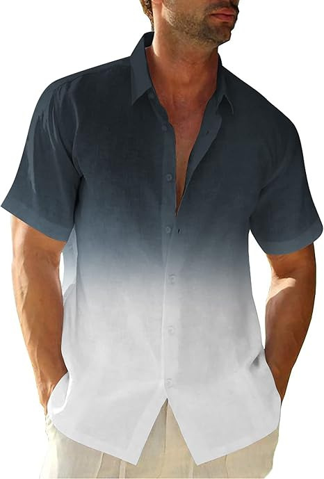 Men's Clothing Men's Gradient Short Sleeve Shirt Summer Casual Breathable Top Cotton Linen Texture For Formal & Casual_viptrois.com