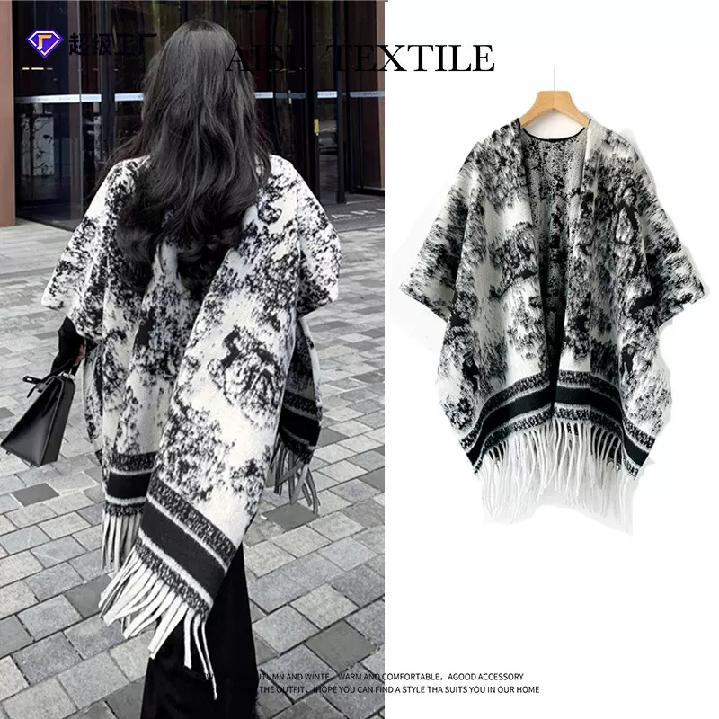 高级水墨画花纹羊绒披肩围巾女冬季旅游百搭保暖加厚防风流苏斗篷
