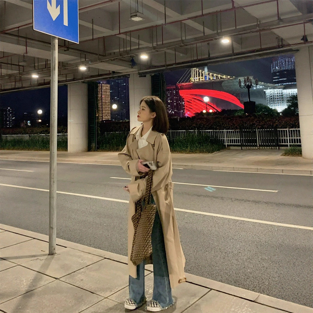 Women's Trench Coat Autumn and Winter New Korean Style Petite Mid-Length Loose Trendy Coat with British Style