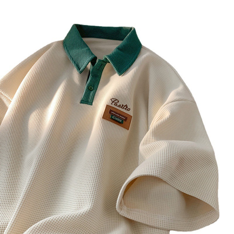 キャンパス風poloシャツ男半袖夏衝突色ワッフル上着日系学生百合シンプル有襟tシャツ|undefined