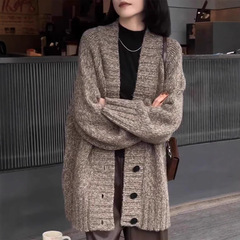 新款秋冬25慵懒风100羊毛开衫女V领中长款宽松羊绒外套打底毛衣