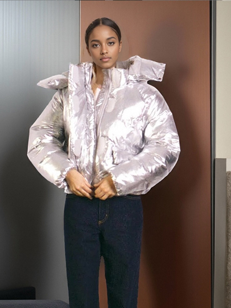 Temperamento de moda encapuchado estilo brillante manga larga abrigo de algodón corto 2025, otoño y invierno nuevo estilo europeo y americano transfronterizo