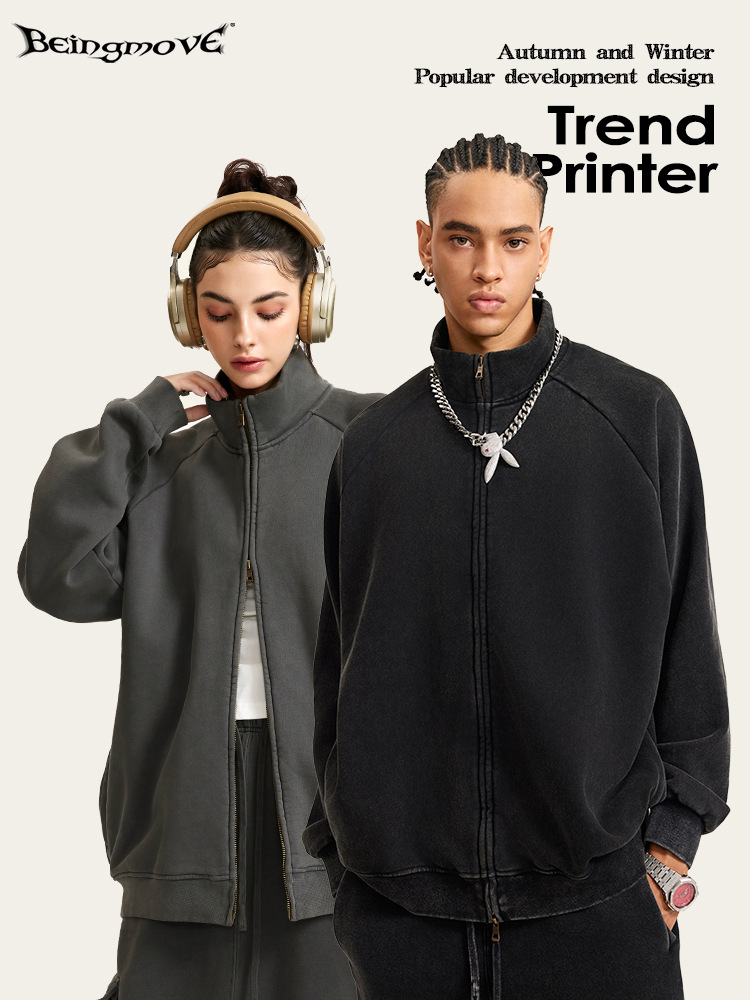 2025 otoño marca de moda americana lavado con agua de cuello cardigan suéter pareja casuales de color sólido chaqueta de cremallera de doble cabeza para hombre