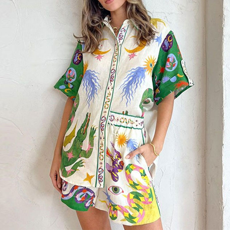 2026 New Spring Women's Clothing European American Fashion Outfit Loose Printed Short-Sleeve Cardigan And Shorts Set_ecoleips.com