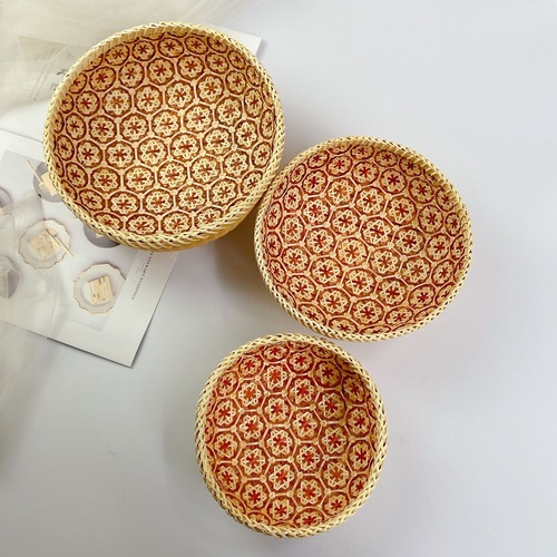 Vietnamese rattan storage basket, Japanese-style INS desktop fruit woven basket, snack box, oval bamboo woven set of three
