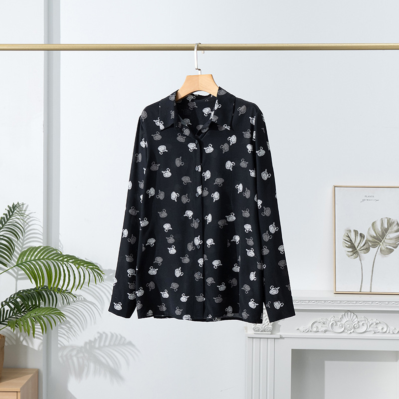 2025 Autumn Silk Printed Shirt Women's Long Sleeve Mulberry Silk Commuting Casual Shirt Loose Temperament Lapel Top