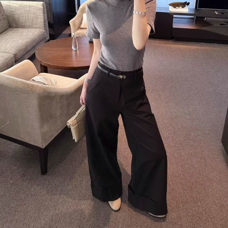 2025早秋新款韩版高腰宽松显瘦卷边阔腿直筒裤女百搭休闲长裤呢子|undefined