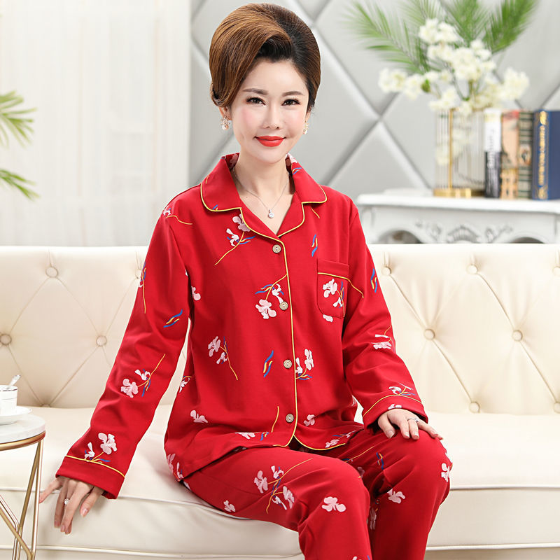 Nueva primavera y otoño manga larga más tamaño % pijamas de algodón para mujeres de mediana edad traje primavera cardigan homewear