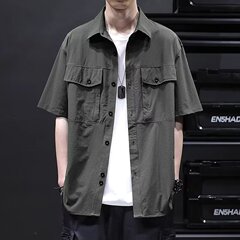 夏の氷の糸の工装のシャツの男性の半袖のゆったりしているポケットのシャツの男性の大きいサイズのファッションはハンサムなコートに合わせて薄いです。