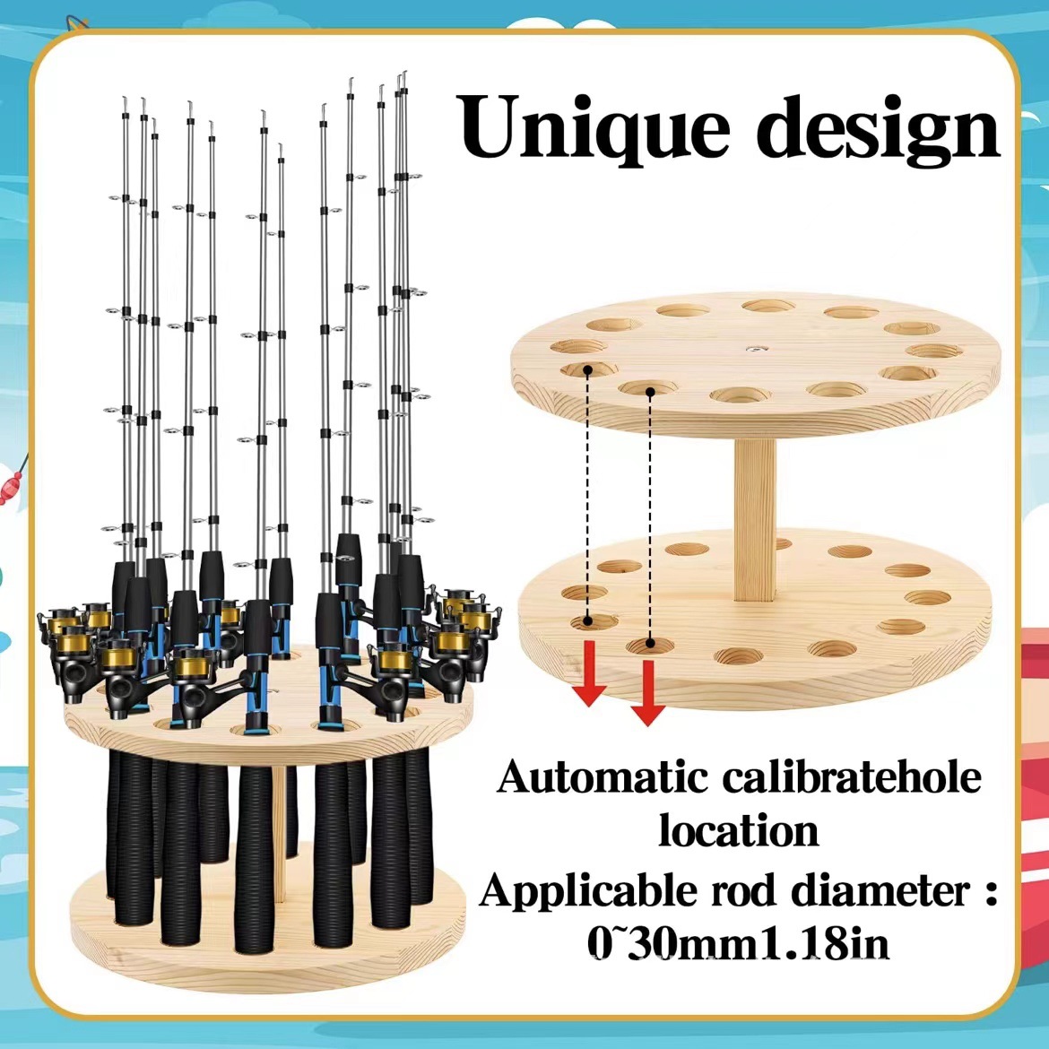 创意木质鱼竿架可旋转渔具鱼竿整理架分格台球杆鱼竿收纳储物架