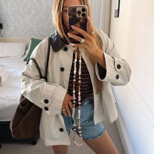 跨境欧美风女装新款美式休闲小网格单襟撞色皮革翻领短款风衣外套