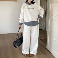 2025新款套装女装秋宽松美式卫衣翻领假两件直筒休闲裤显瘦两件套
