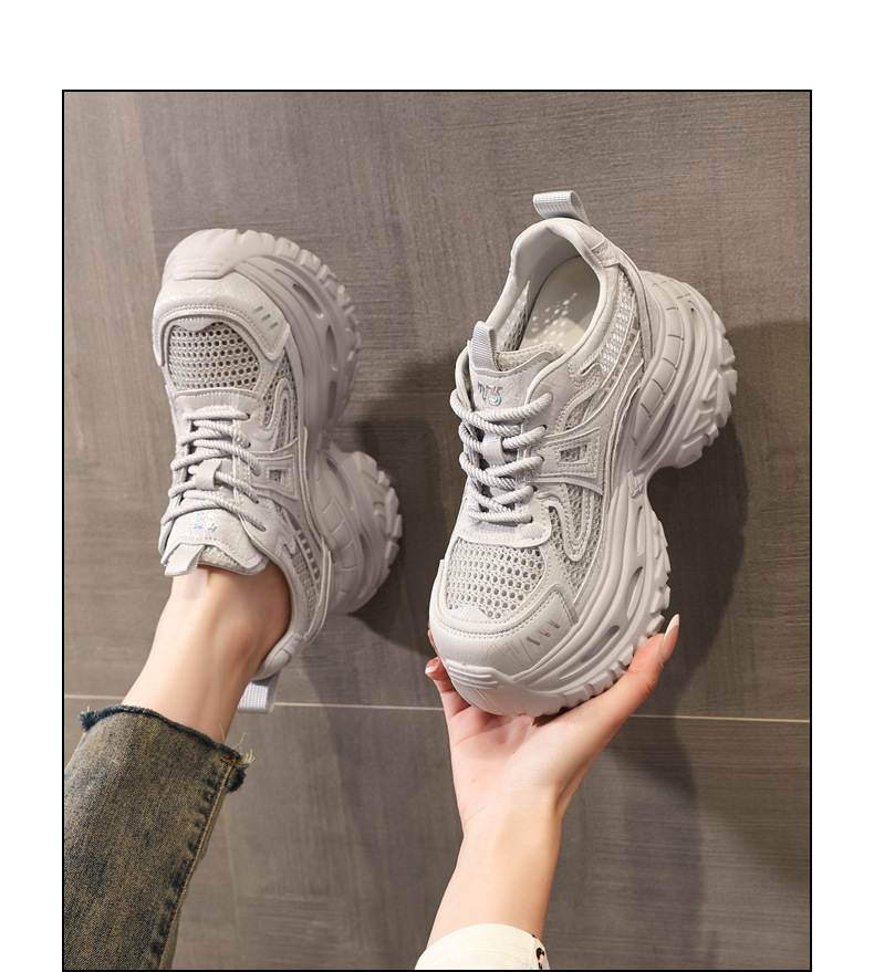 Giày sneaker nữ đế dày chunky lưới thoáng khí tăng chiều cao — Xám bạc chi tiết 13