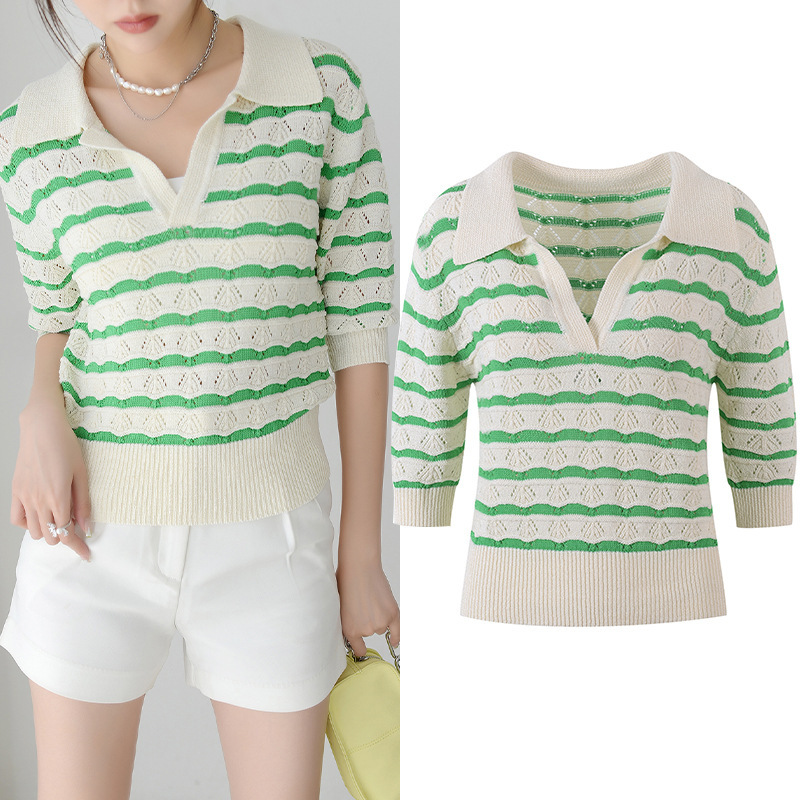 2025 New Summer Women's French Contrast Stripesd V Neck Fancy Knitwear Sexy Cut Out Polo Stripesd Knitwear