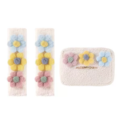 Box Pair Car Protective Cover | Seat belt shoulder pad - lambskin-blue-yellow-2-pink-shoulder-pads-a-tissue-box