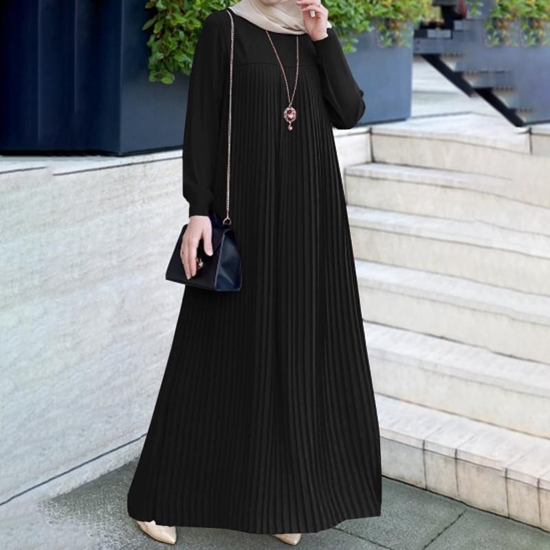 Abito da donna musulmana 2024 in stile arabo, elegante, plissettato, tinta unita, scollo rotondo, maniche lunghe, effetto stropicciato_voghion.com