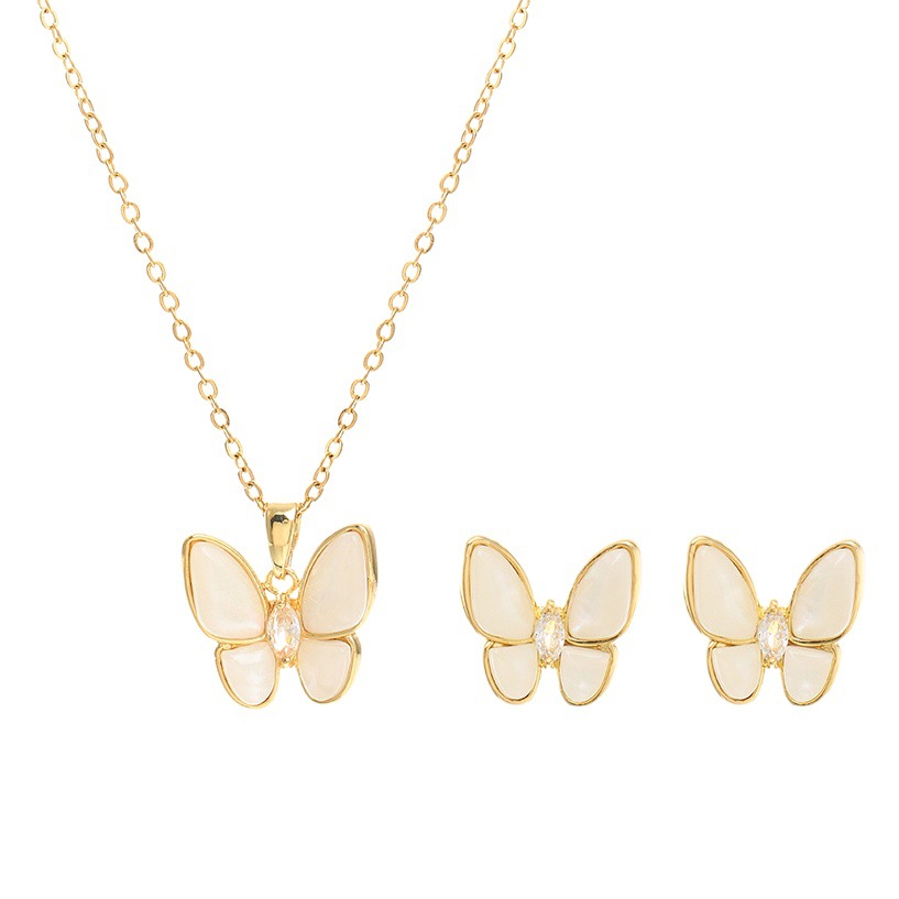 De alto grado de color ópalo mariposa collar pendientes traje elegante encanto mariposa collar titanio acero plateado 18K