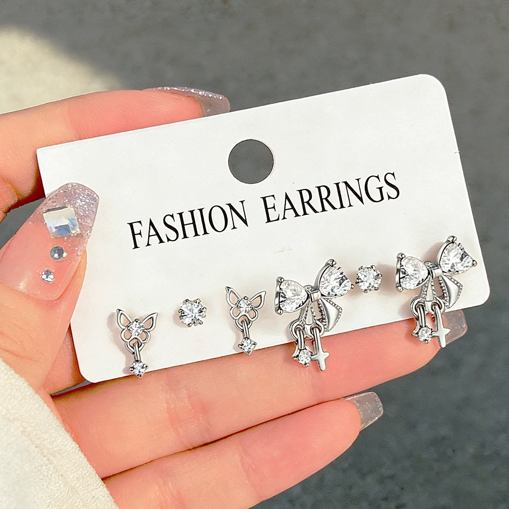 Earrings set 6-piece, European style simple elegant, metal fashion studs and dangles