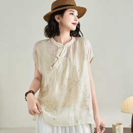 苎麻衬衫女2025夏季新款国风新中式文艺盘扣飞飞袖刺绣上衣茶服