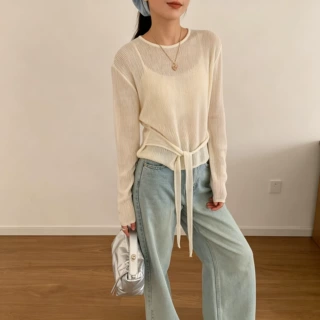 2026新款十三行女装针织开衫女韩系宽松系带纯色罩衫薄款透气上衣