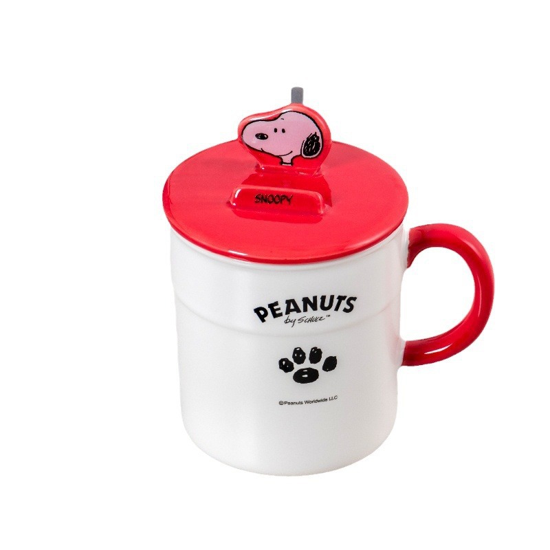 Taza de agua Snoopy auténtica, taza de pareja creativa de dibujos animados, taza de alto valor con tapa, taza de regalo de cerámica con cuchara