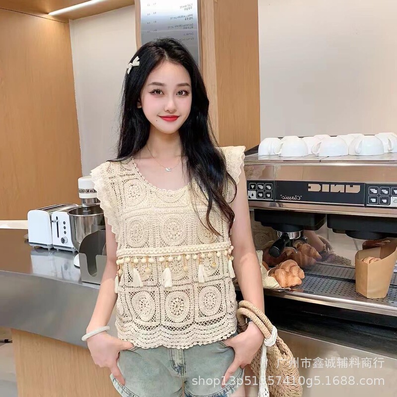Vest Knitted French Crochet Sweater Summer Lace New Hollow Stitching Loose Tassel Sleeveless Top