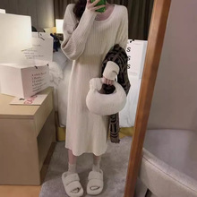 大码女装春秋冬慵懒风宽松内搭打底连衣裙胖mm显瘦遮肚针织毛衣裙