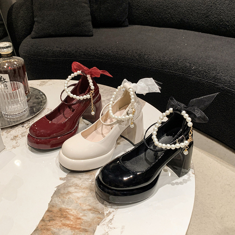 French Style Mary Jane Shoes Women's High Heel 2024 Spring New Waterproof Platform Thick Heel Pearl Single Shoes with Fairy Style