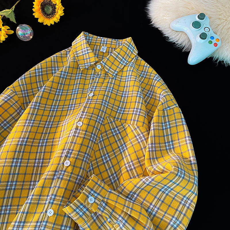 衬衫男 2024秋季新款港风宽松磨毛大码男式格子长袖衬衣小外套