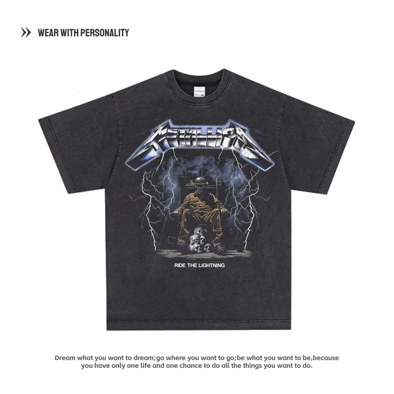 Metallica Rock Washed Distressed American High Street Off-Shoulder Loose Unisex Short-Sleeved T-Shirt Trendy Brand Top