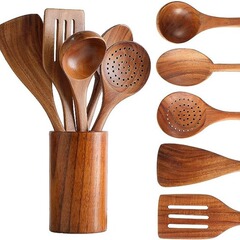 9-piece Acacia Wood Kitchen Utensil Set, Cooking Utensils, Wooden Stirring Spoon, Salad and Pizza Spatula