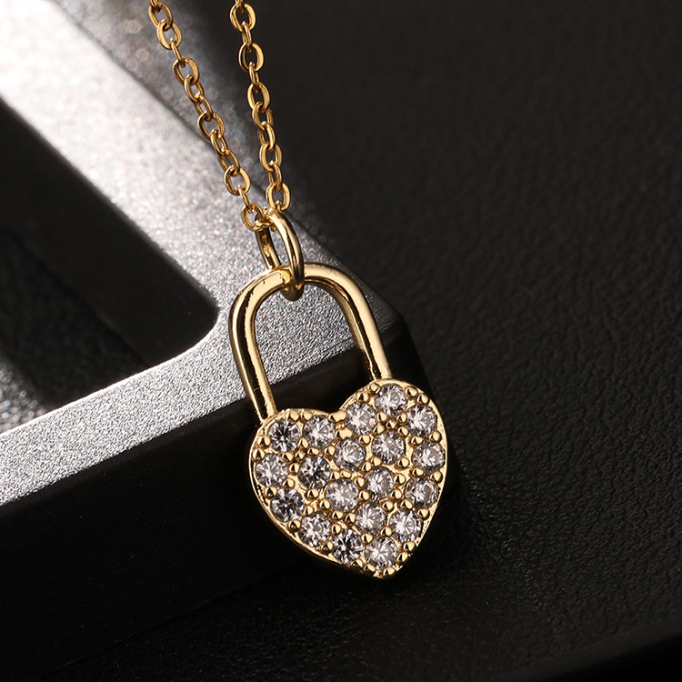 Lady Heart Shape Lock Copper Inlay Zircon Pendant Necklace 1 Piece