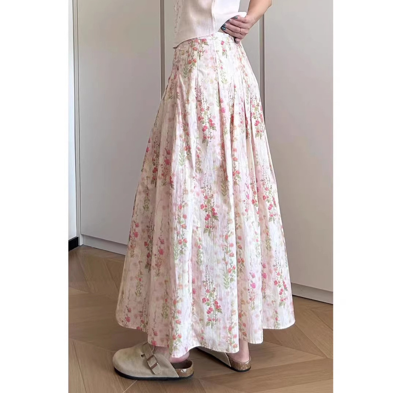 Floral Print Pleated Skirt for Women, Summer Plus-Size Design, Stylish and Elegant, Large Hem Umbrella Skirt, Mid-Length Skirt
