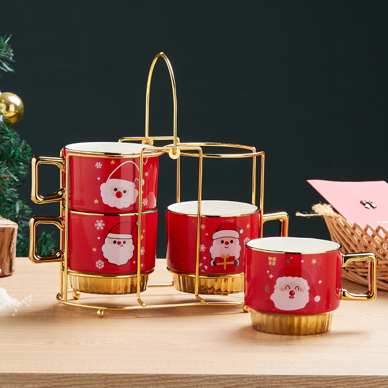 Venta caliente de alta apariencia de Navidad taza de agua Taza de cerámica con estante traje de regalo de Navidad al por mayor