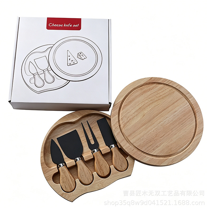 Caja de madera redonda de goma transfronteriza cuchillo de queso pizzeria pan snack platos de comidas occidentales cuchillo de queso conjunto bandeja