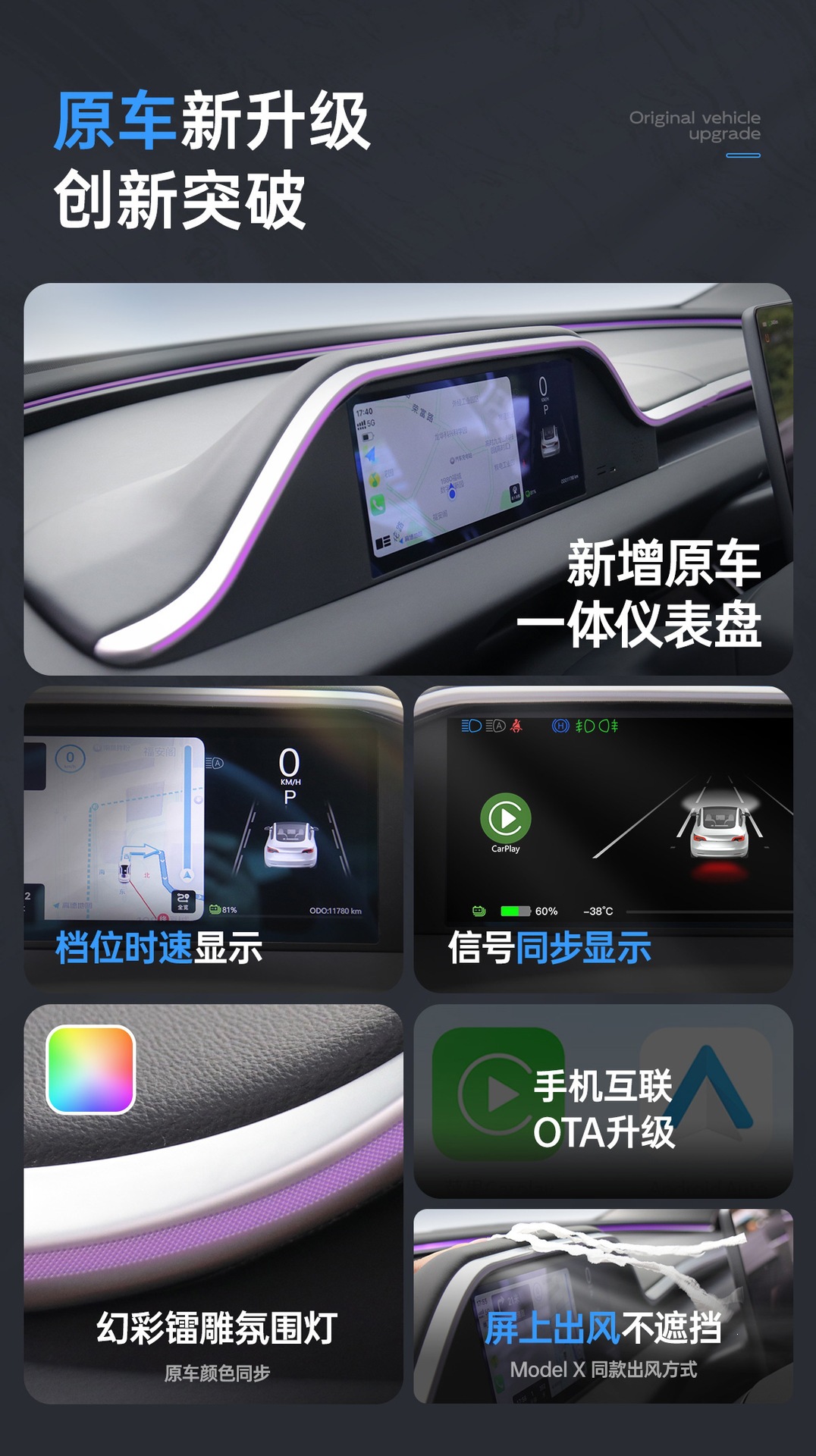 Suitable for Tesla Model 3, Model Y, and Model Yl Integrated Ambient Lighting with Carplay, Android, and Front Camera Instrument Panel