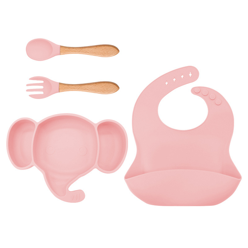 Plato de cena de silicona para niños tenedor cuchara traje de babero suministros maternos e infantiles traje de vajilla de alimentación infantil de grado alimenticio de silicona