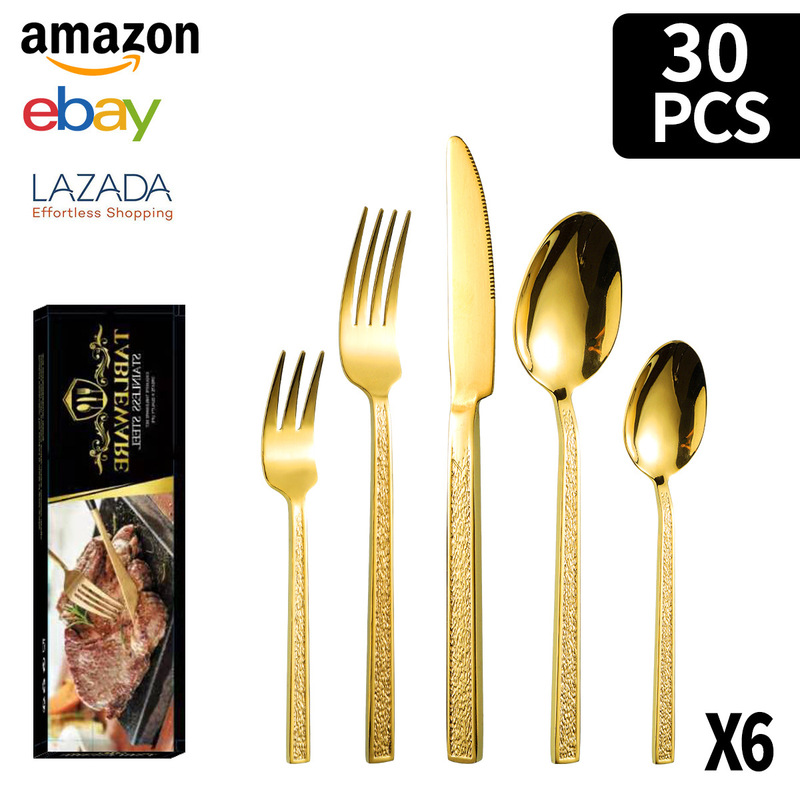 クロスボーダーステンレス食器角ハンドル石模様20/30/40/60ピースセットチタンメッキ洋食器ステーキナイフ、フォーク、スプーン|undefined